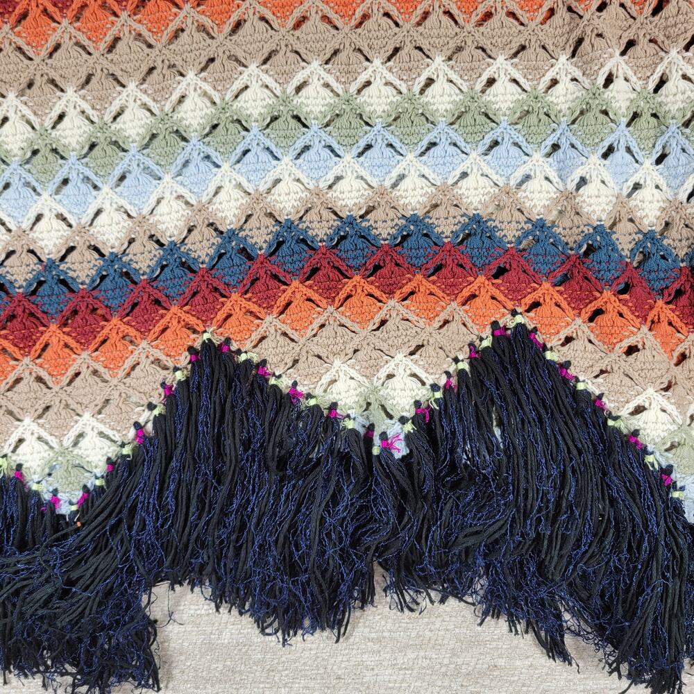 Free People XS Crochet Fringe Sweater Multicolor Boho Chevron Knit Oversized - Picture 13 of 16